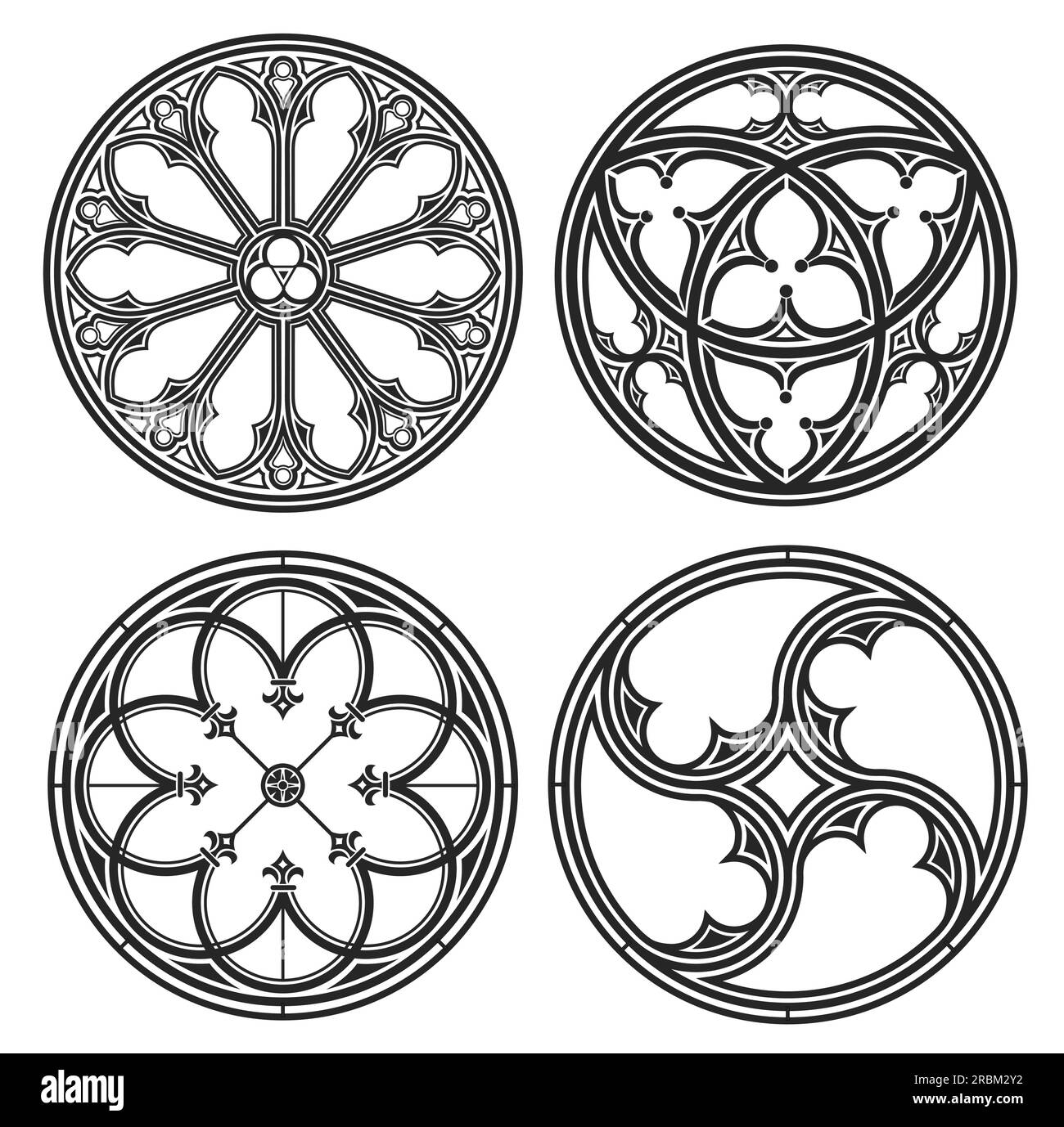 Set of vector silhouettes of cathedral round gothic windows. Forging or stained glass. Stock Vector
