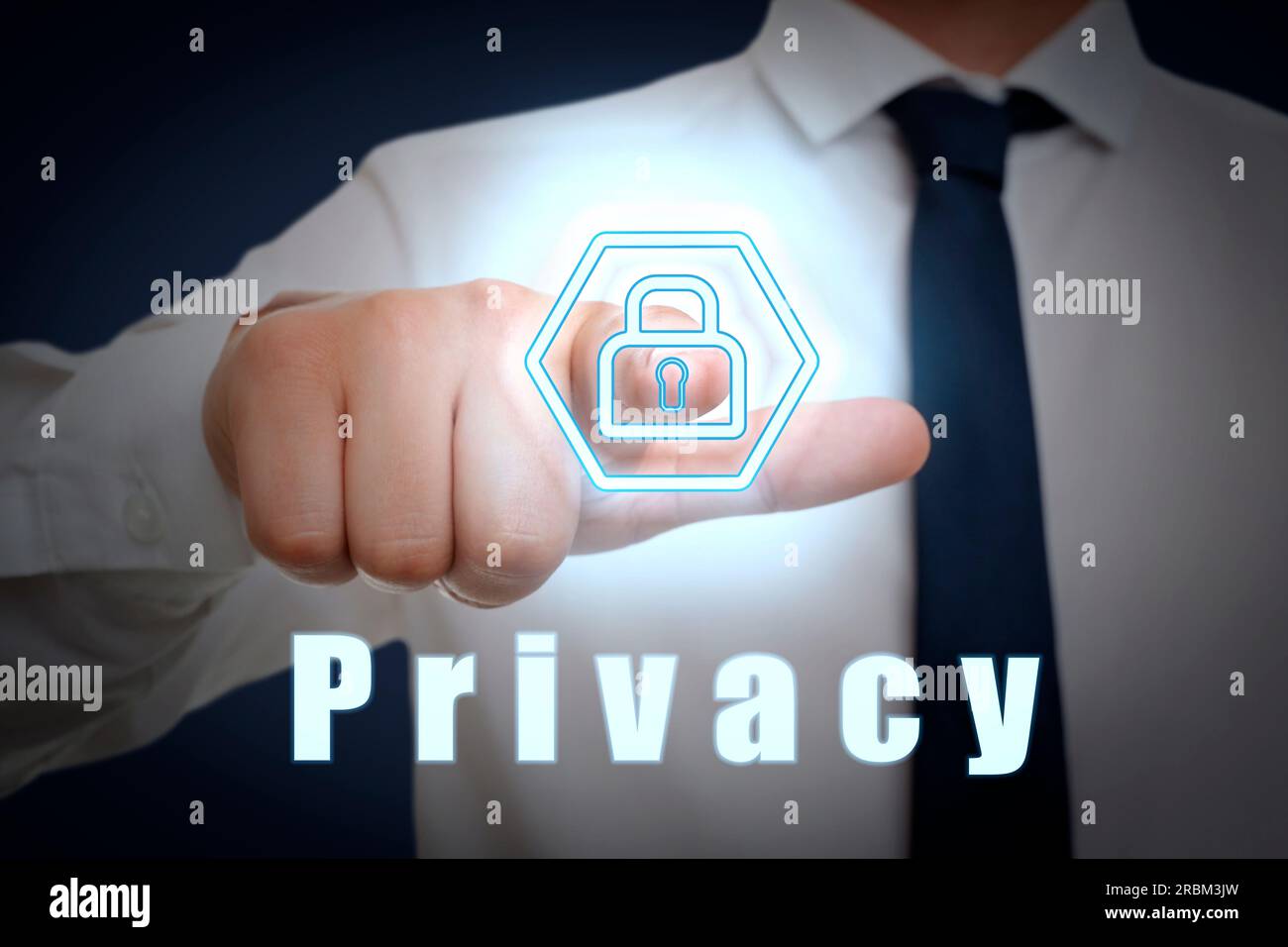 Virtual Privcy Screen Businessman activating privacy feature on virtual screen against dark ...