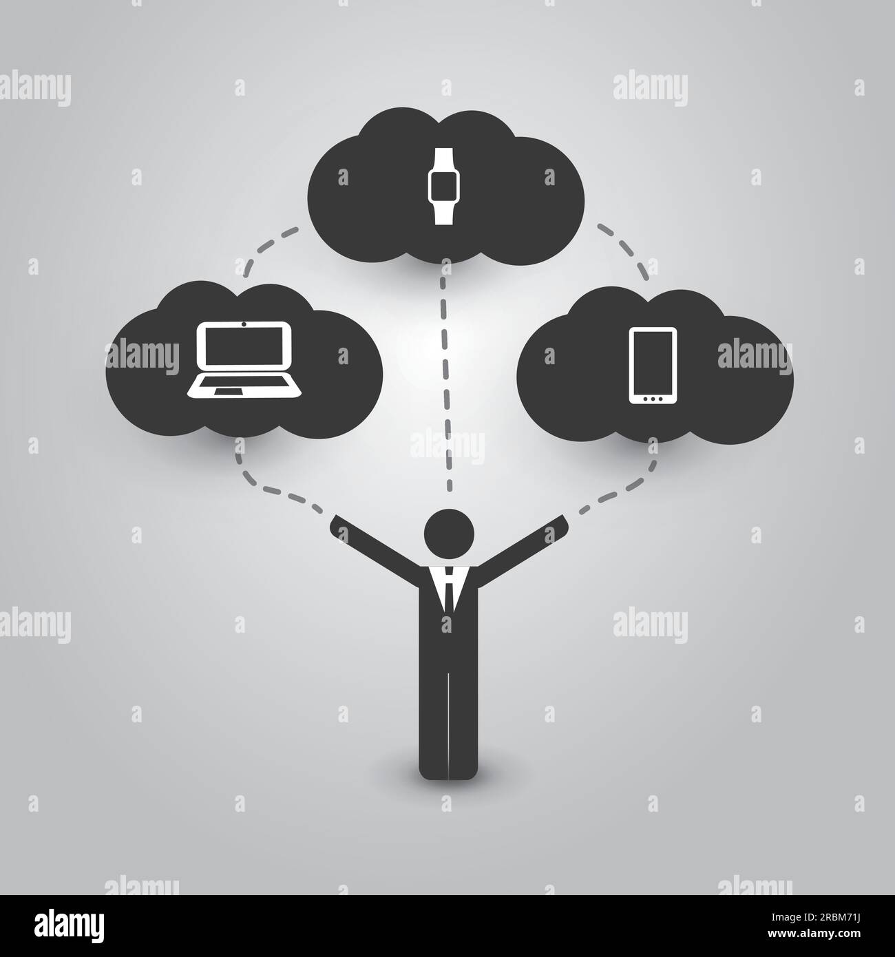 Cloud Computing Concept with Different Devices: Laptop, Tablet PC, Smart Phone, Smart Watch Stock Vector