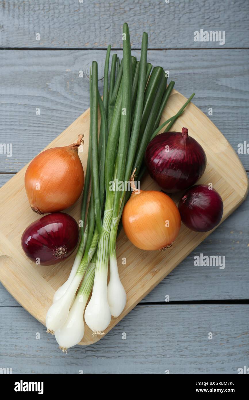 Board with different kinds of onions on grey wooden table, top view ...