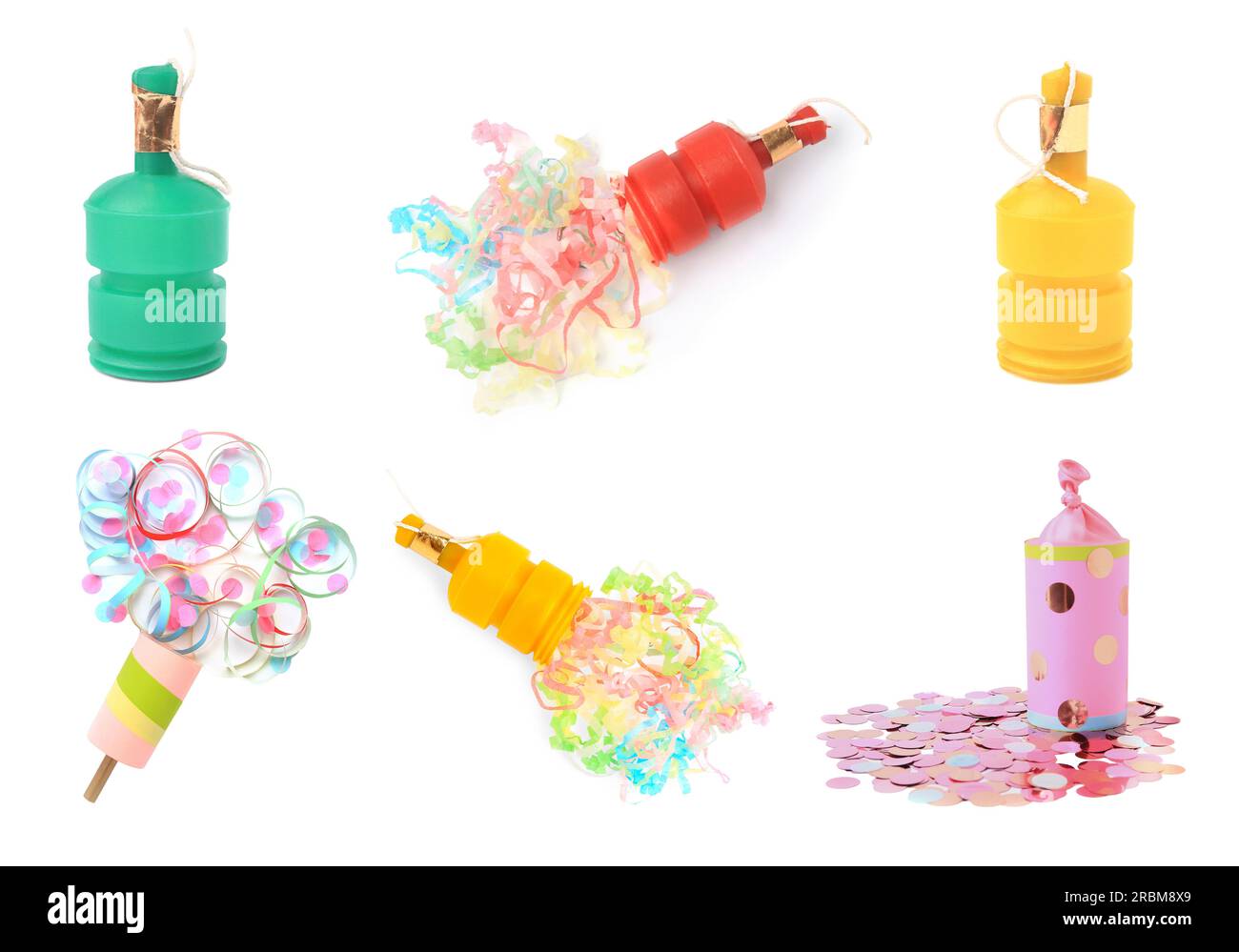 Collage with party poppers isolated on white Stock Photo