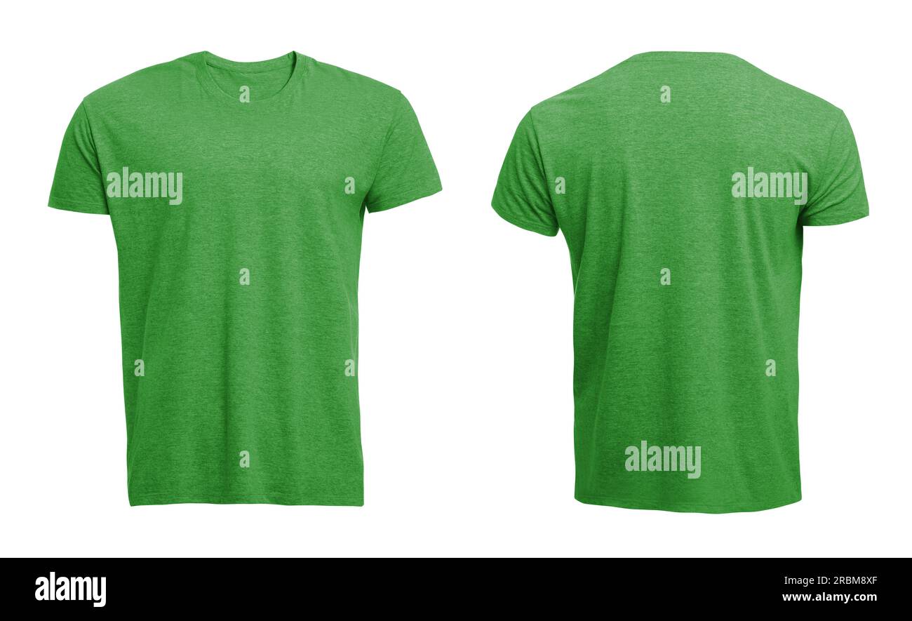 Front and back views of light green men's tshirt on white background. Mockup for design Stock