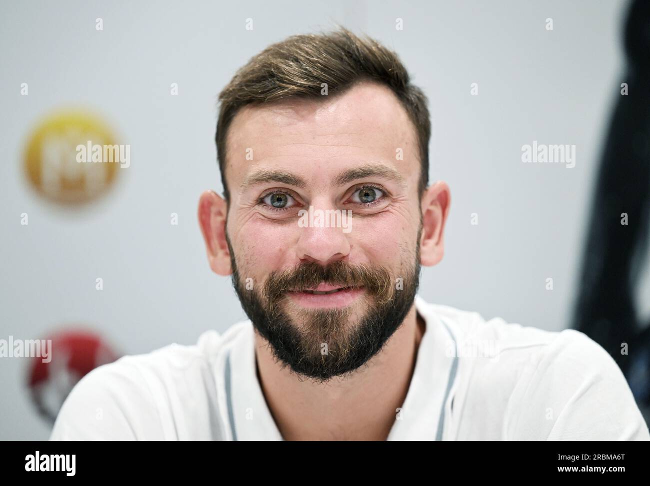 Prague, Czech Republic. 10th July, 2023. Czech swimmer Tomas Franta speaks during the press