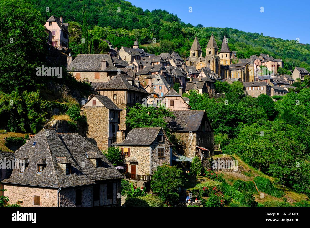 France, Aveyron (12), Conques, labeled Most Beautiful Villages of France, stage on the Camino de Santiago Stock Photo