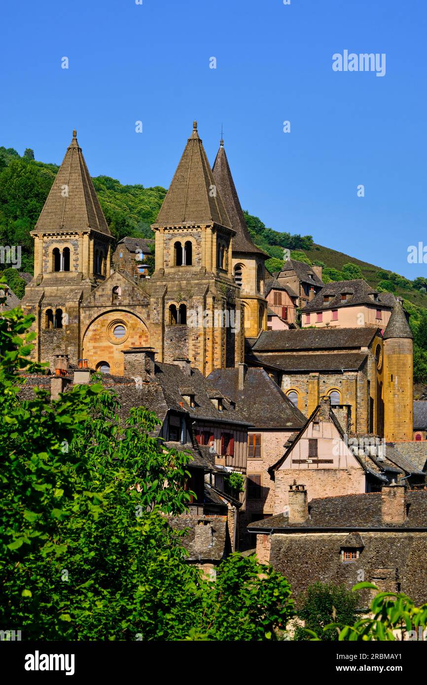 France, Aveyron (12), Conques, labeled Most Beautiful Villages of France, stage on the Camino de Santiago, Sainte-Foy abbey church, 11th and 12th cent Stock Photo