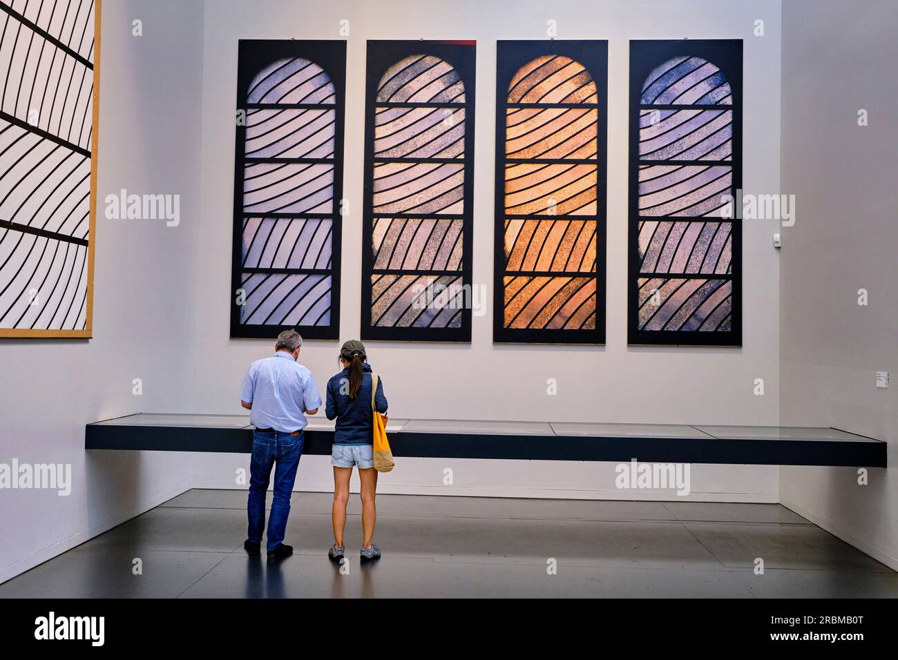 France, Aveyron (12), Rodez, the Soulages Museum houses the works of the French painter Pierre Soulages, visitors learning about the design and produc Stock Photo