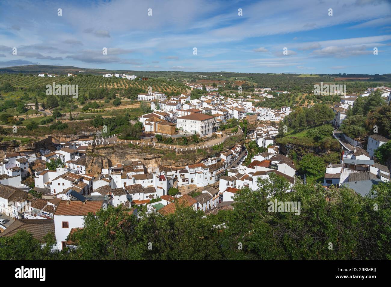 Aerial view of City with Rock Overhangs - Setenil de las Bodegas, Andalusia, Spain Stock Photo