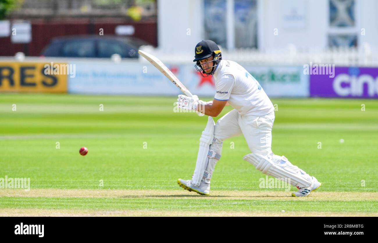 Hove UK 10th July 2023 -  Tom Haines batting for Sussex v Derbyshire during day one of the LV= Insurance County Championship cricket match at the 1st Central County Ground in Hove : Credit Simon Dack /TPI/ Alamy Live News Stock Photo