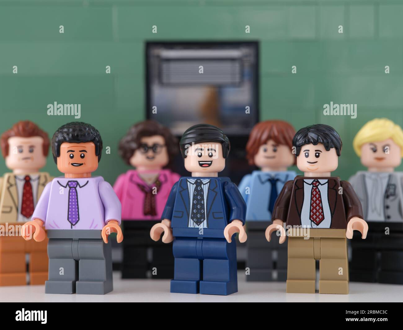 Tambov, Russian Federation - July 01, 2023 Lego businesspeople minifigures standing and looking into their successful future. Stock Photo