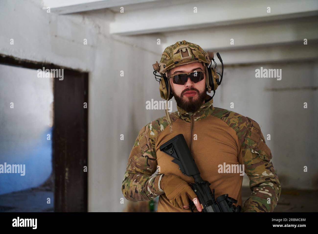 Modern warfare soldier portrait in urban environment Stock Photo
