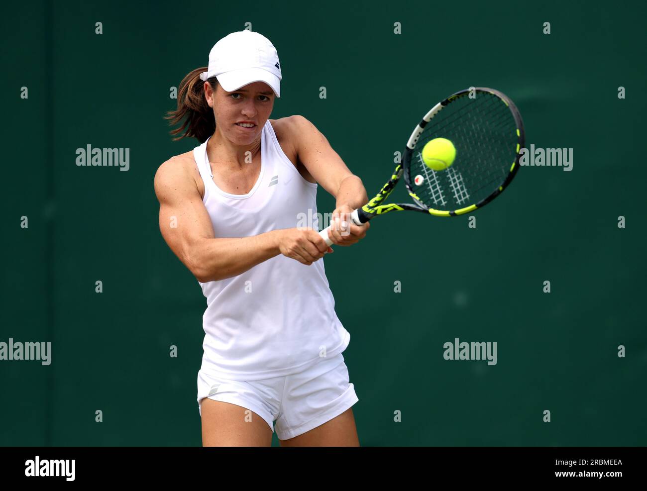 Kaitlin Quevedo in action during her girls singles match on day eight of the 2023 Wimbledon Championships at the All England Lawn Tennis and Croquet Club in Wimbledon. Picture date: Monday July 10, 2023. Stock Photo