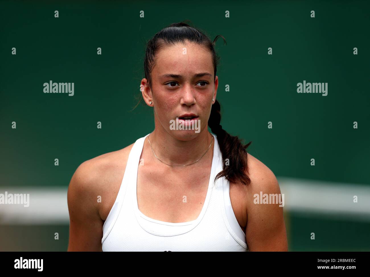 Tereza Valentova during her girls singles match on day eight of the 2023 Wimbledon Championships at the All England Lawn Tennis and Croquet Club in Wimbledon. Picture date: Monday July 10, 2023. Stock Photo