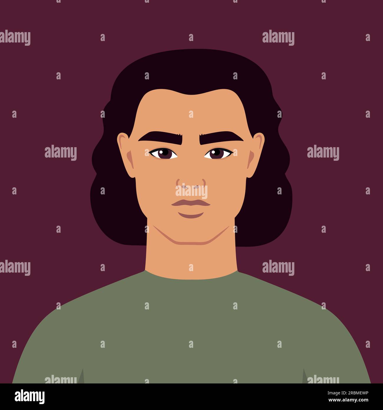 Young man with curly hair portrait. Abstract guy or a student. Full face abstract male avatar in flat style. Vector art Stock Vector