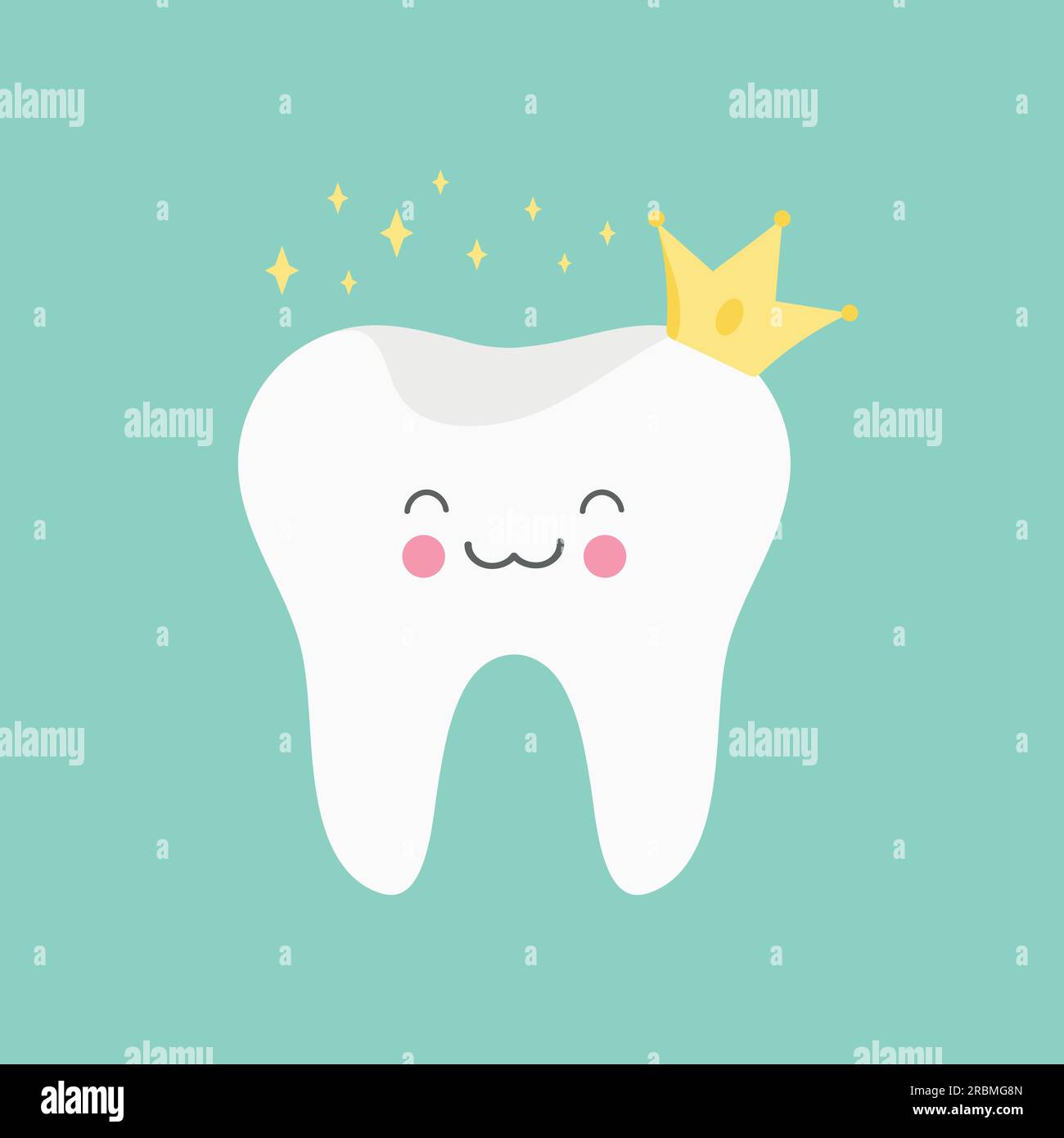 Healthy and happy tooth. Cartoon smiling tooth in a crown with gold shining stars. Vector illustration Stock Vector