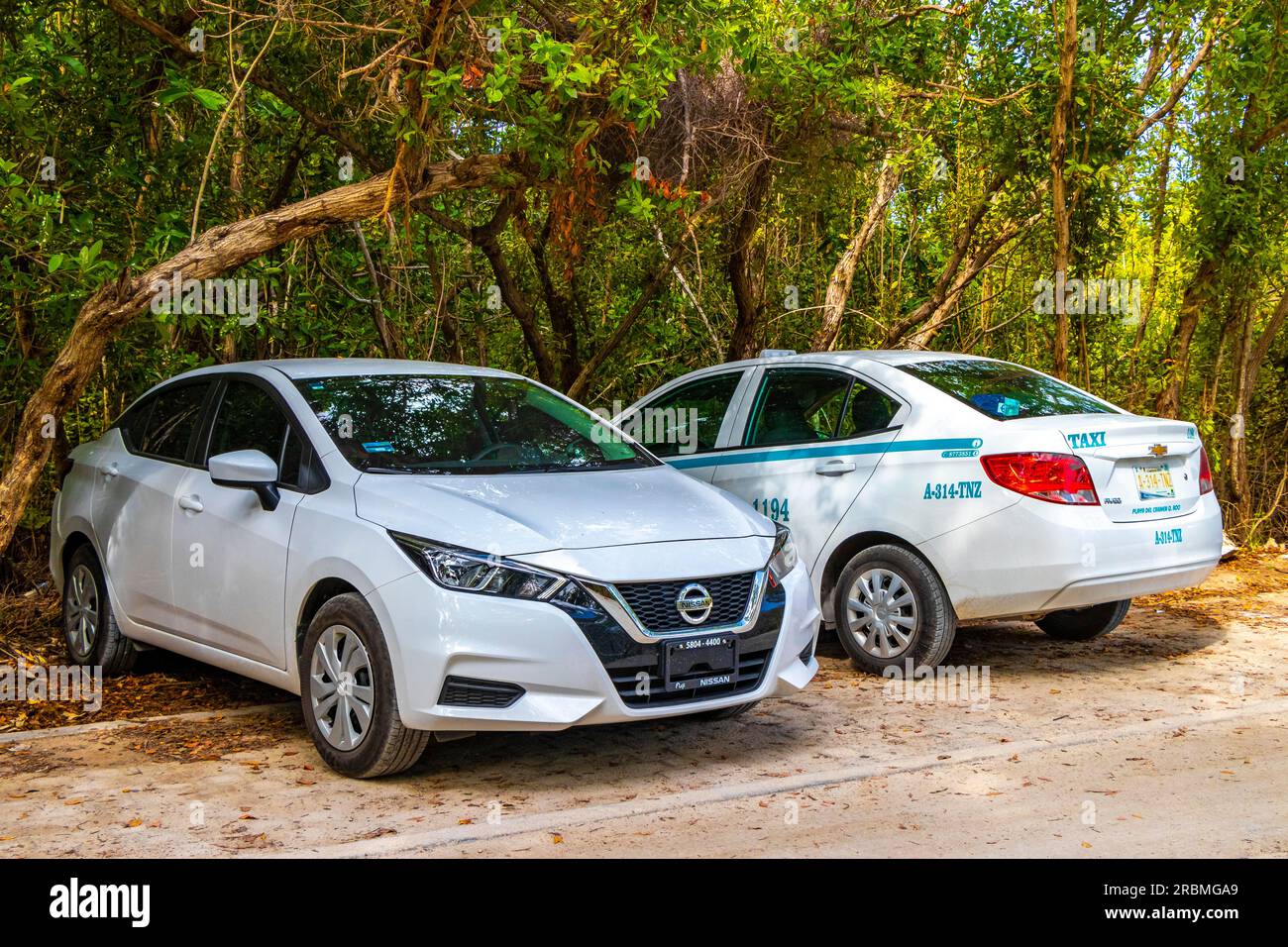 Playa del Carmen Quintana Roo Mexico 28. May 2021 White turquoise taxi