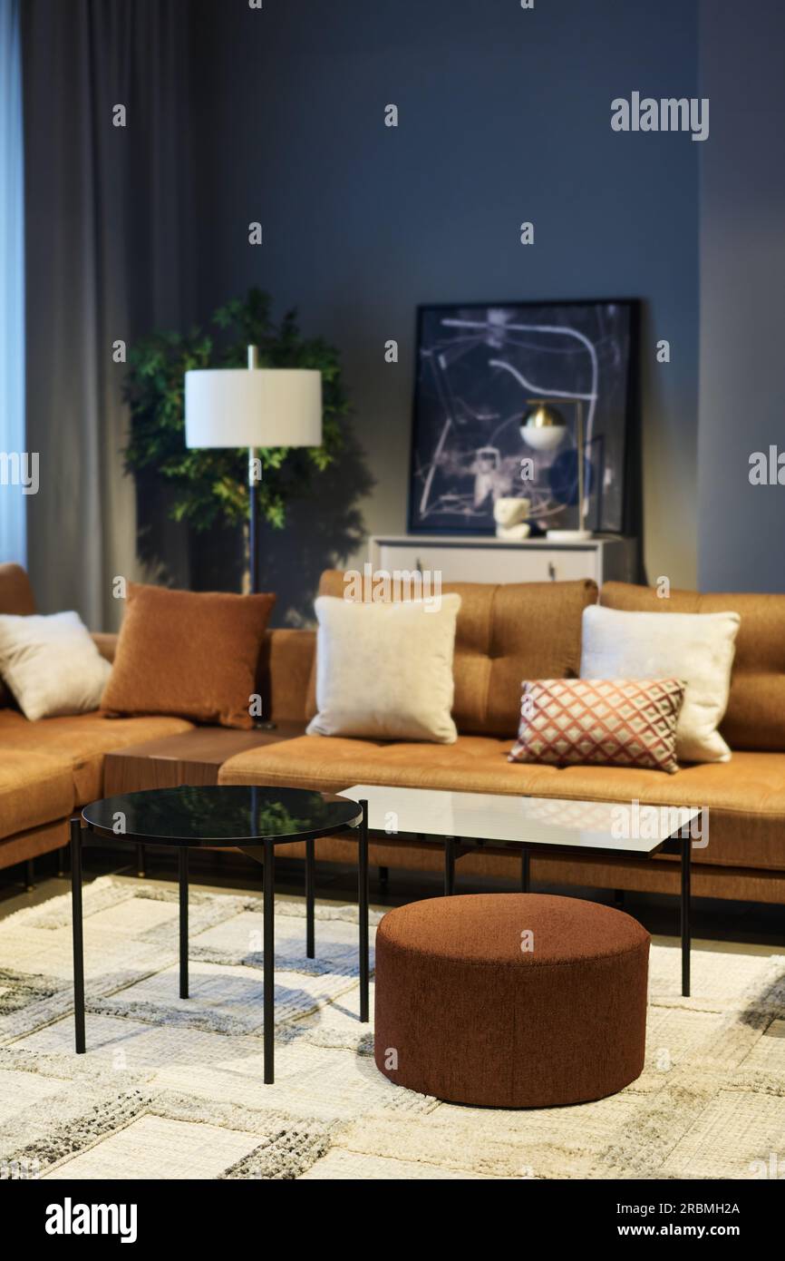 Two soft brown couches with cushions making corner in spacious room or coworking area with round