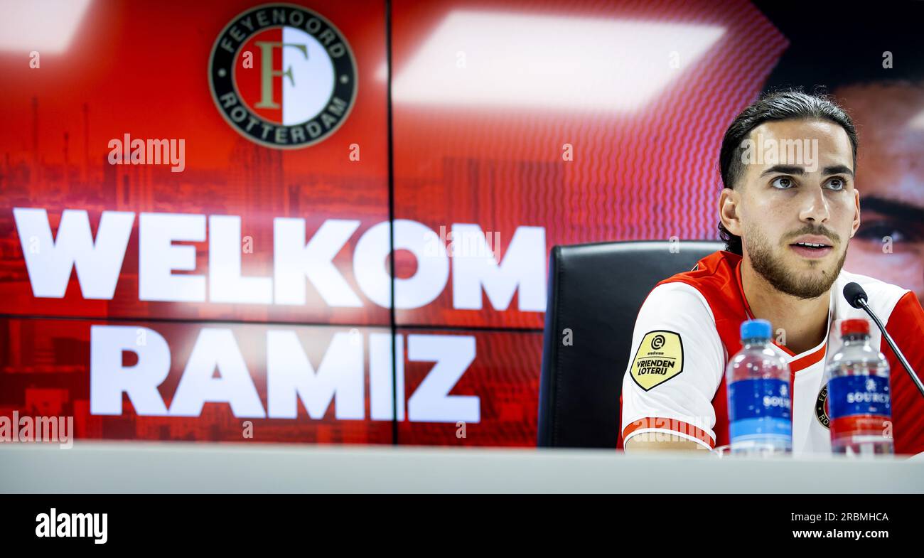 ROTTERDAM - Ramiz Zerrouki of Feyenoord during press conference at Feyenoord Stadium de Kuip on July 10, 2023 in Rotterdam, Netherlands. Feyenoord is preparing for the new 2023-2024 football season. ANP KOEN VAN WEEL netherlands out - belgium out Stock Photo