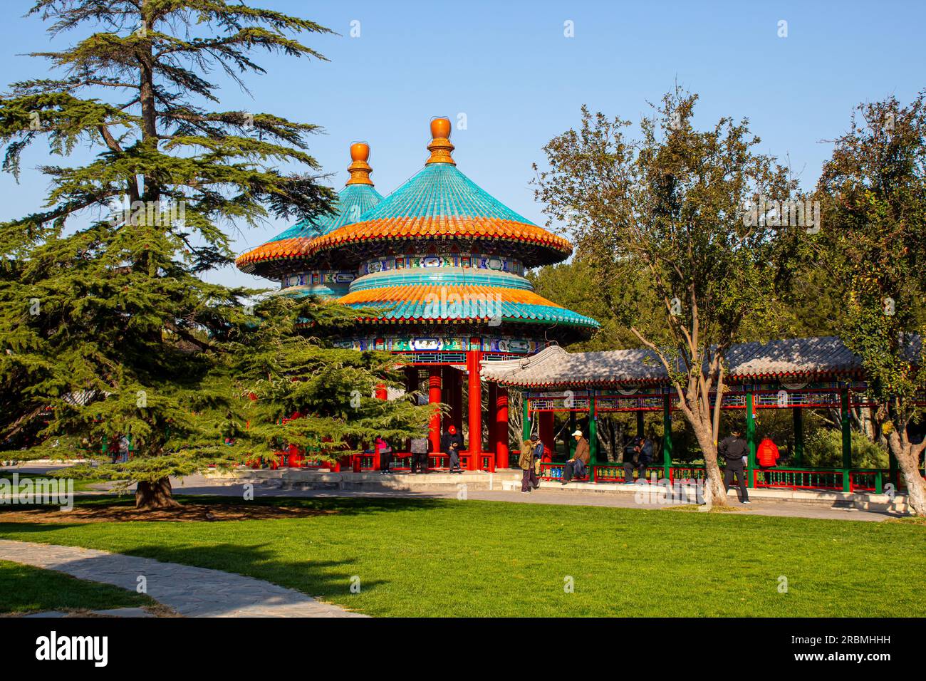 Pagodas, pavilions within the complex of the Temple of Heaven in Beijing, China. Blue sky with copy space for text Stock Photo