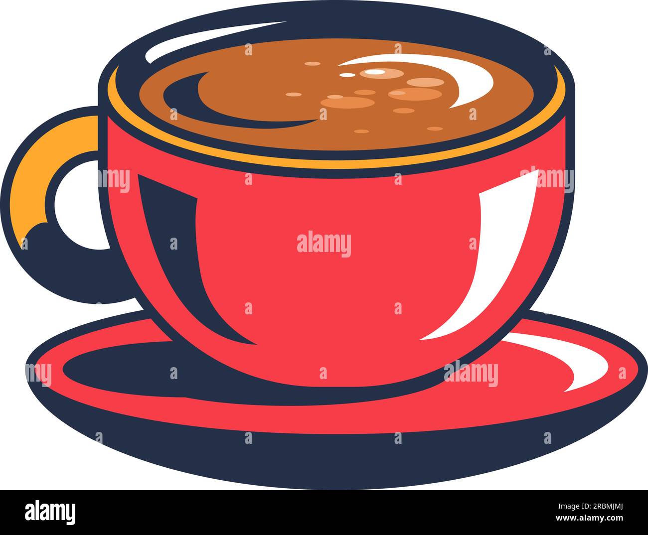 Ceramic red cup with hot sweet cappuccino and foam. Deep handle mug with saucer and hot cocoa drink. Invigorating coffee drinks. Simple cartoon outlin Stock Vector