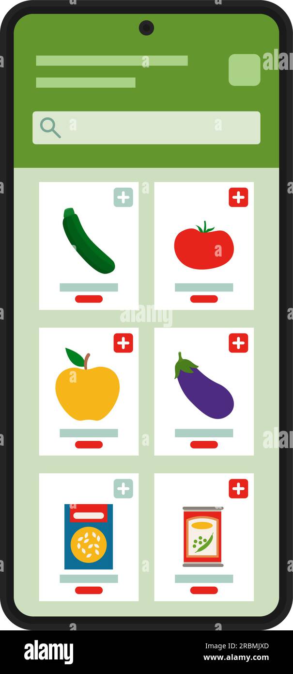 Online grocery shopping app on smartphone: assorted items displayed and