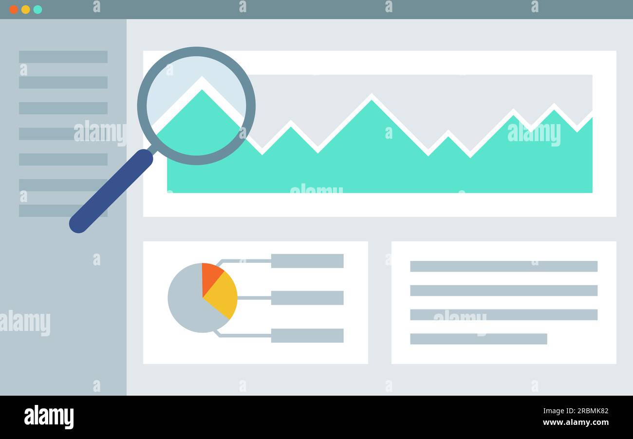 Application window with financial charts and magnifier, analysis and optimization concept Stock Vector