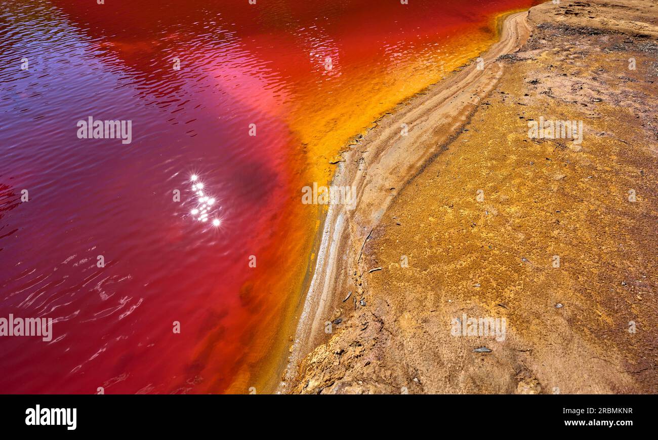 natural Textures of sulfuric deep red Water of Rio Tinto river, Province Huelva, Andalusia, Spain Stock Photo