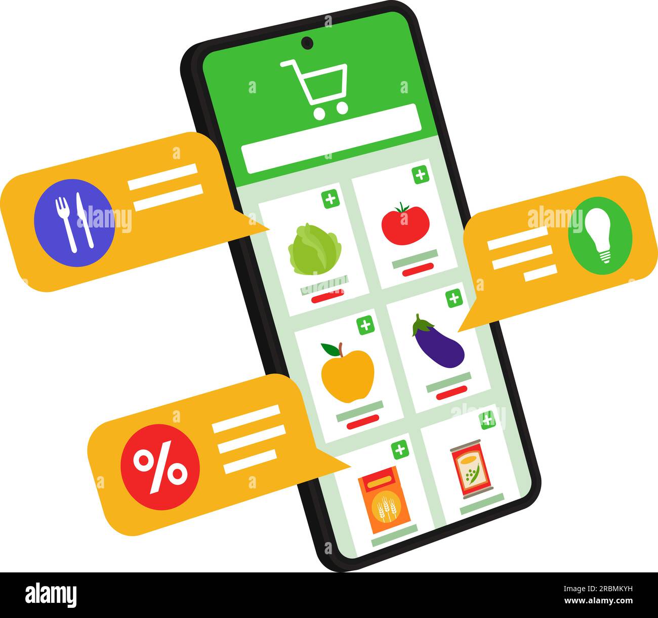 Online grocery shopping app on smartphone: assorted items displayed and