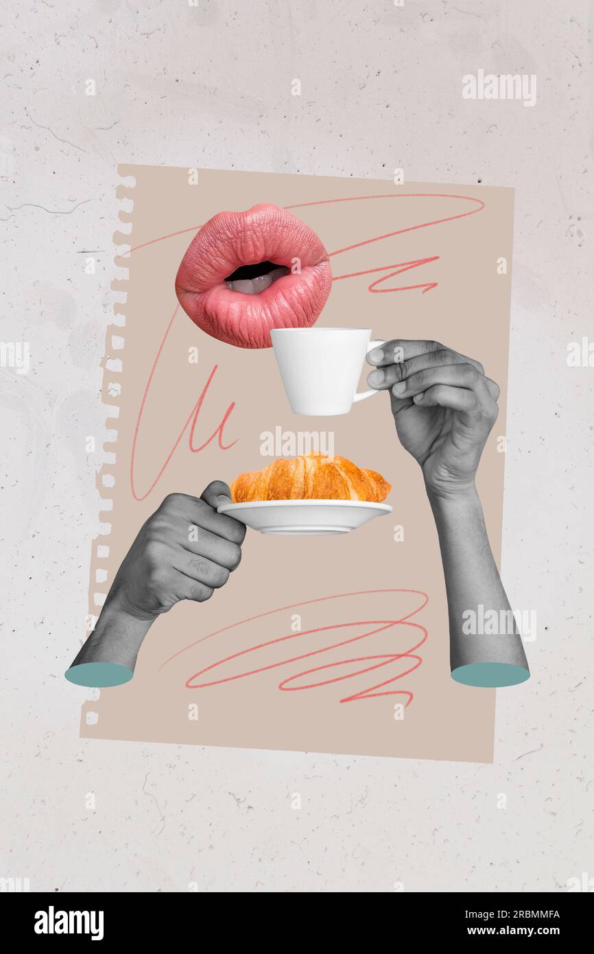 Vertical creative composite unusual illustration photo sketch collage of hands hold cup of tea croissant isolated on paper background Stock Photo