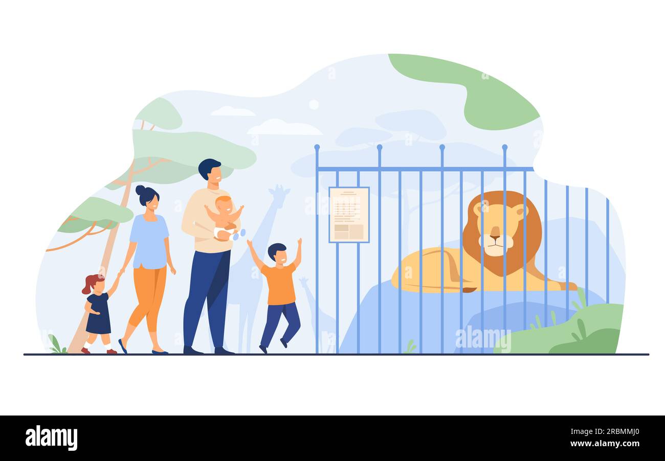 Family with kids in zoo looking at lion in cage Stock Vector