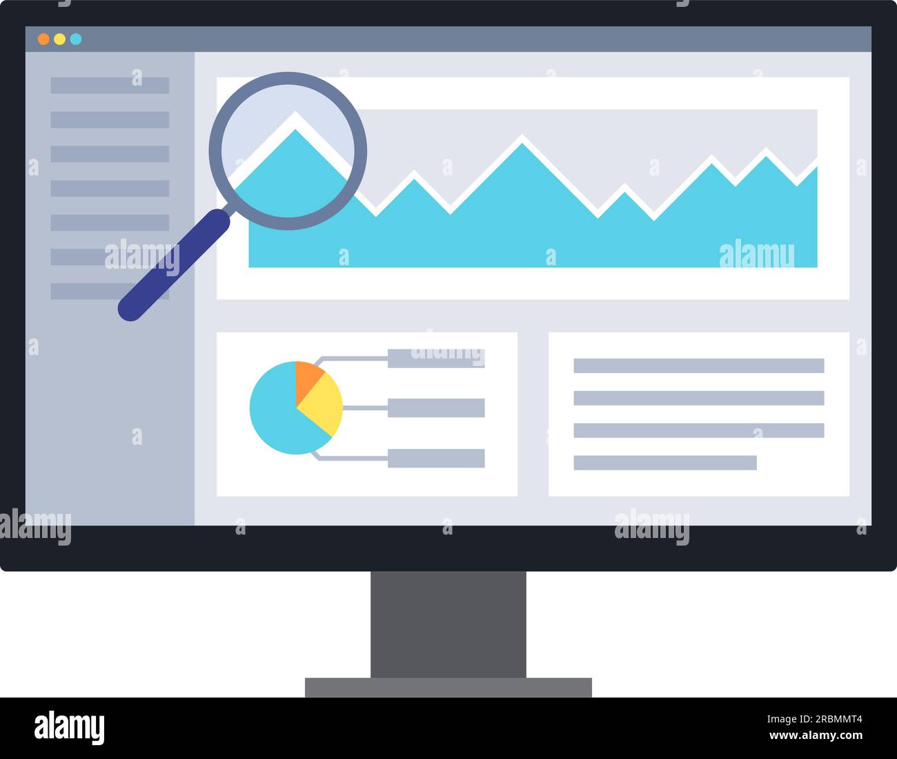 Finance and management software on computer screen with magnifier analyzing data Stock Vector
