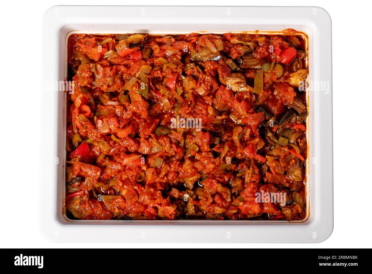 Eggplant appetizer isolated on white background. Meze prepared with