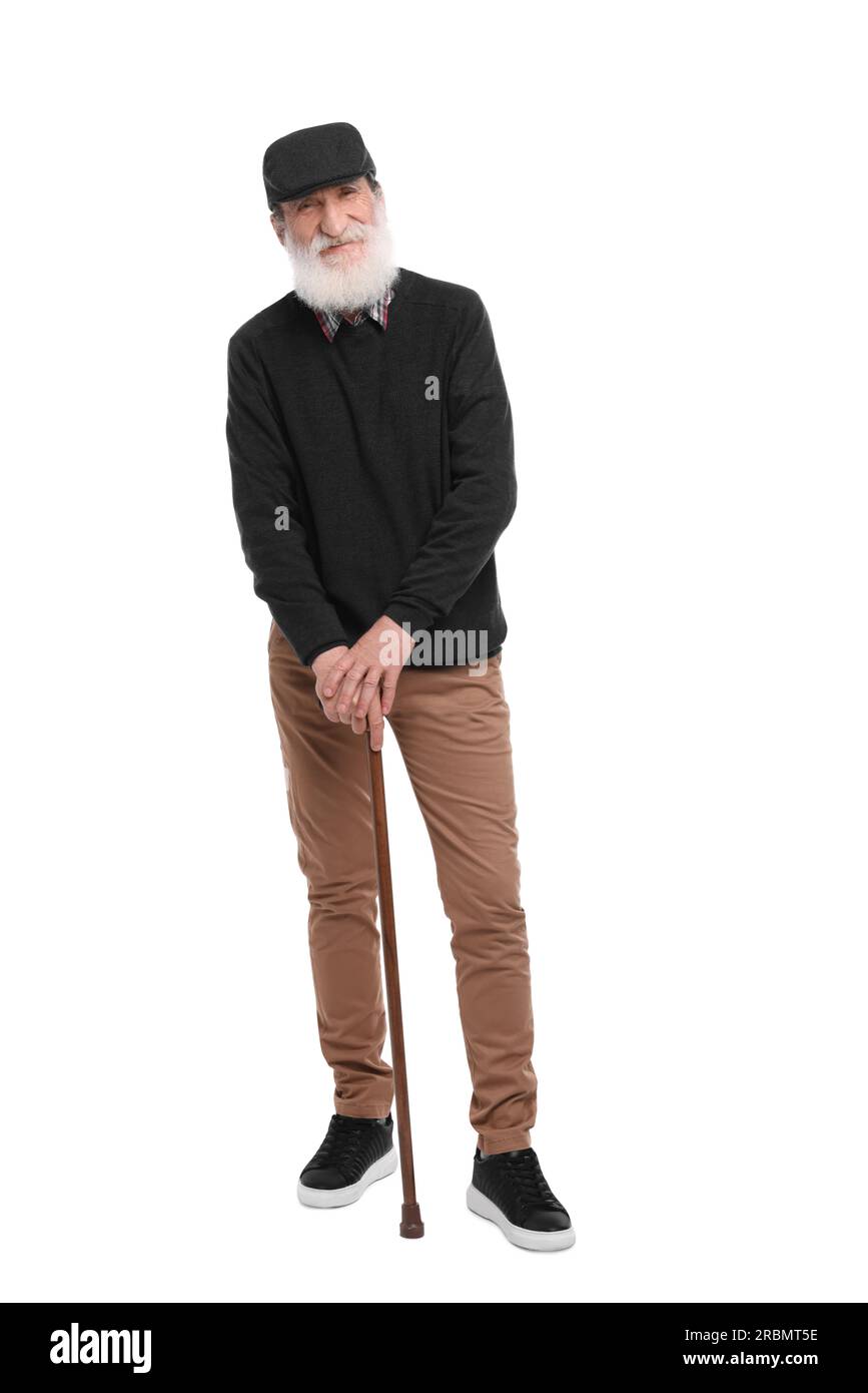 Senior man with walking cane on white background Stock Photo - Alamy