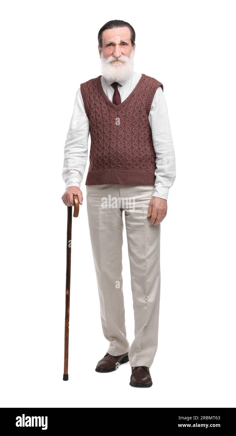 Senior man with walking cane on white background Stock Photo - Alamy
