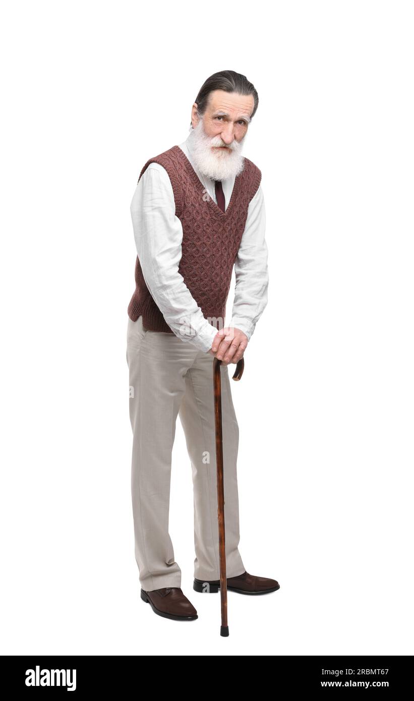 Senior man with walking cane on white background Stock Photo - Alamy