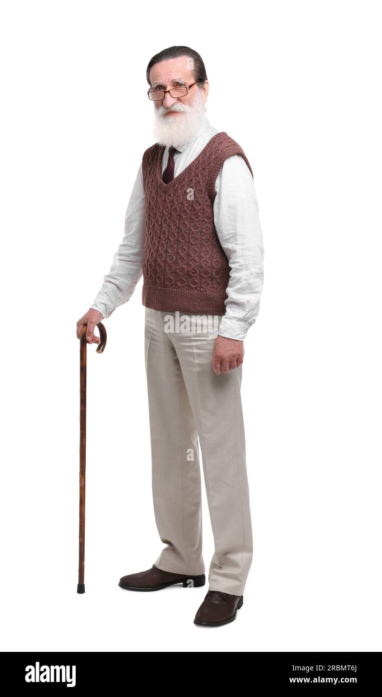 Senior man with walking cane on white background Stock Photo - Alamy
