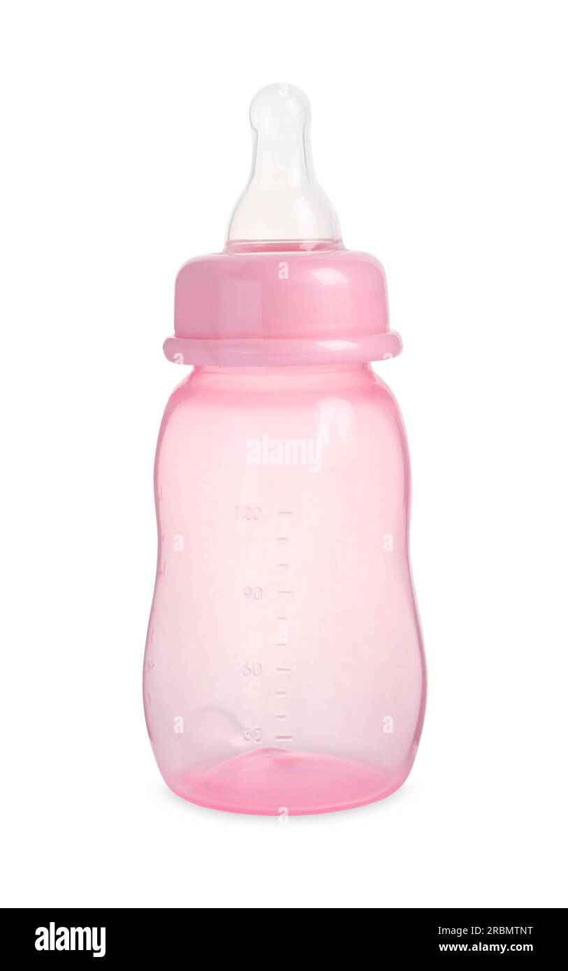 Empty pink feeding bottle for infant formula isolated on white Stock ...