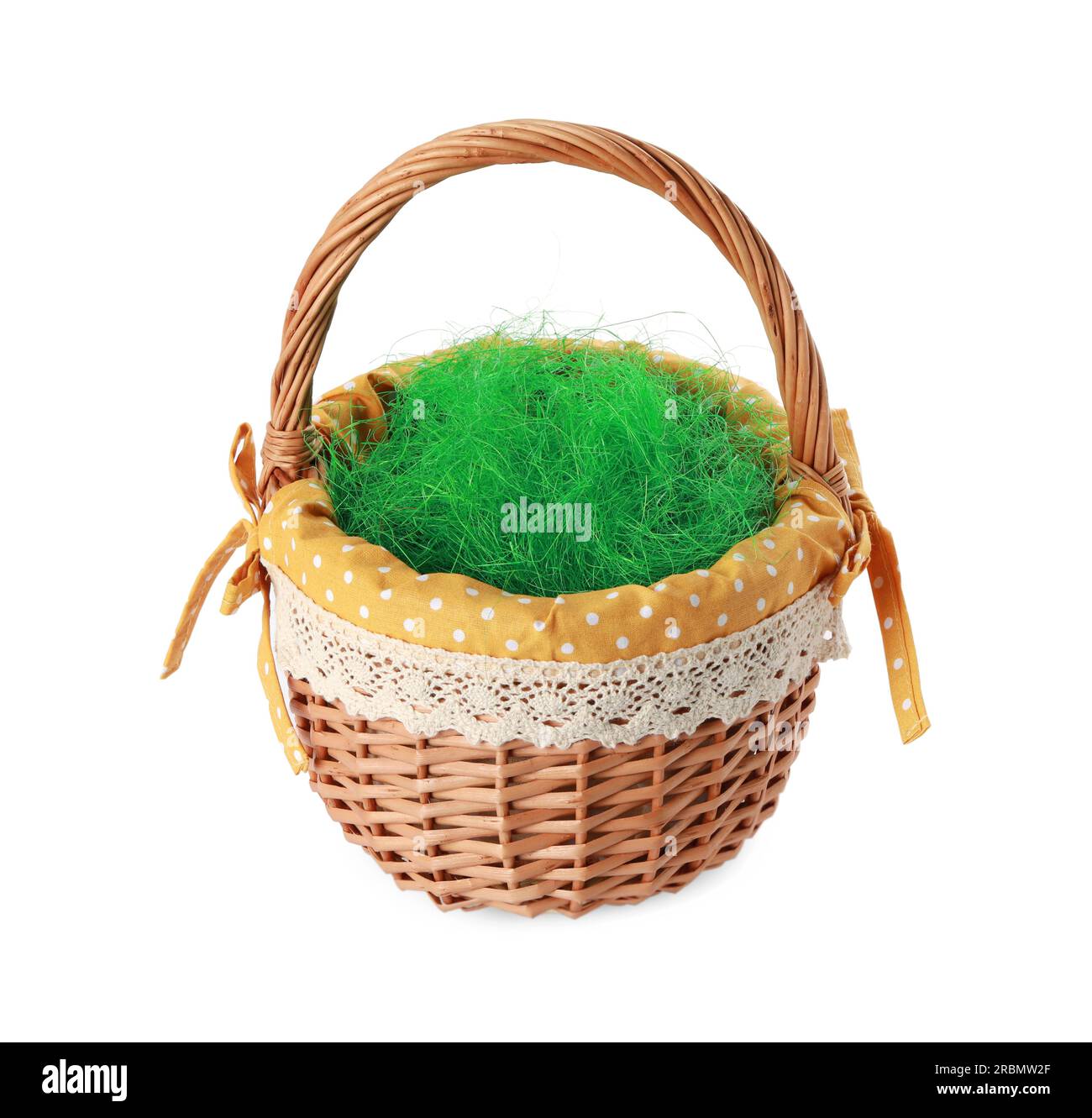 Easter wicker basket with decorated grass isolated on white Stock Photo