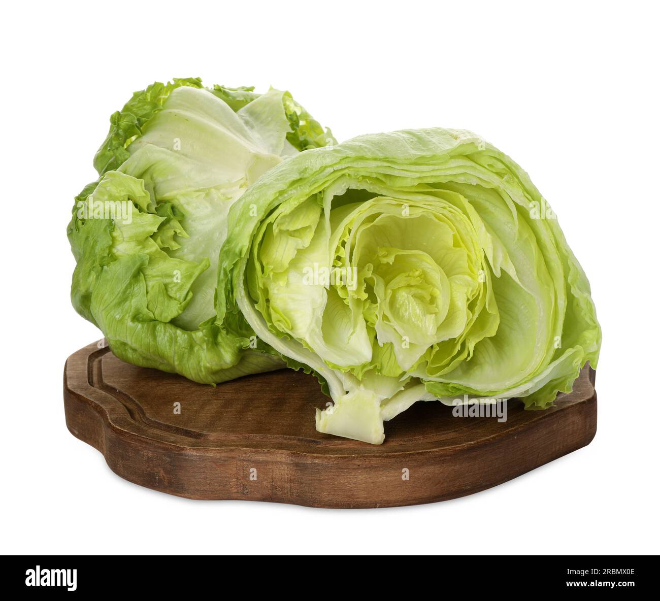 Whole and cut fresh green iceberg lettuces isolated on white Stock