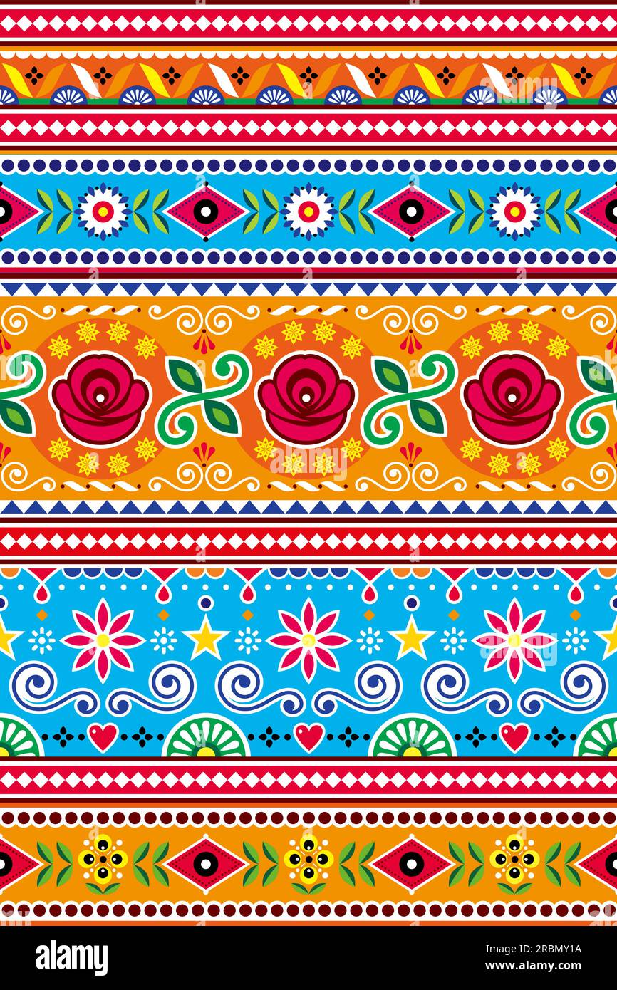 Pakistani or Indian truck art vector seamless pattern with roses and leaves , decorative wallpaper, textile or fabric print design Stock Vector