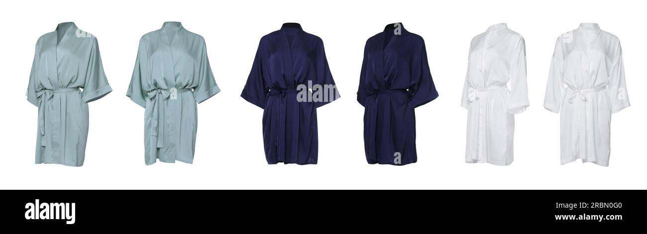 Set of different color silk bathrobes on white background Stock Photo ...