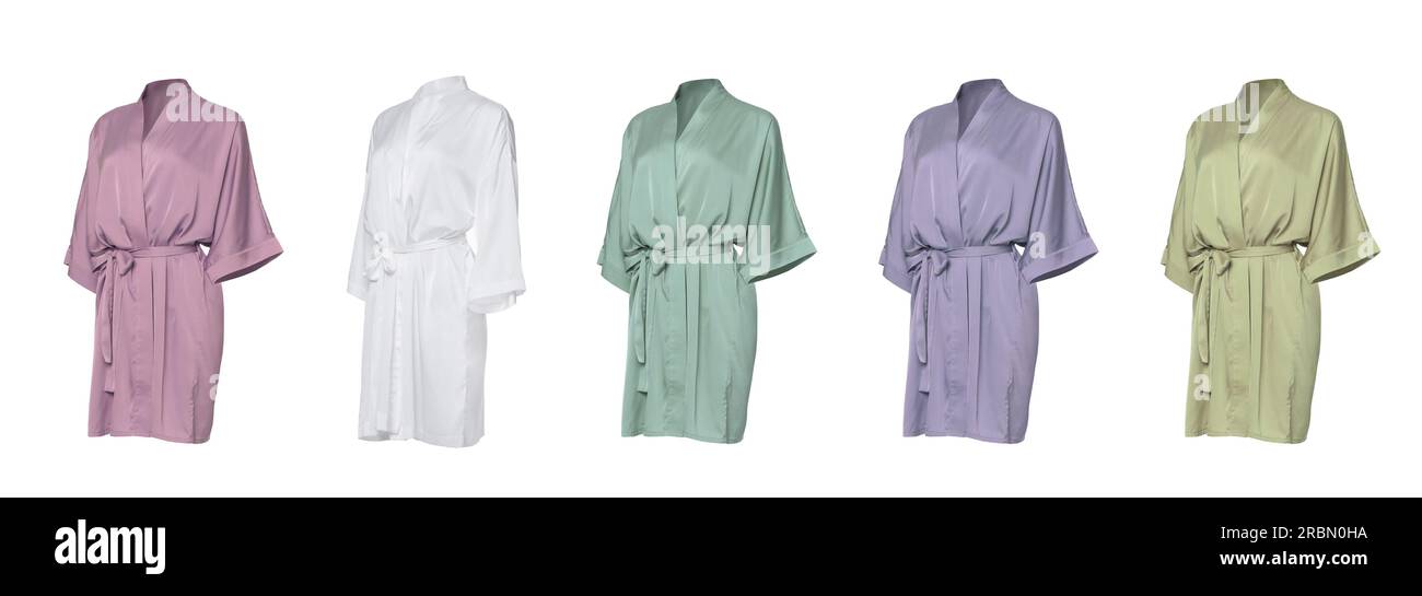 Set of different color silk bathrobes on white background Stock Photo ...