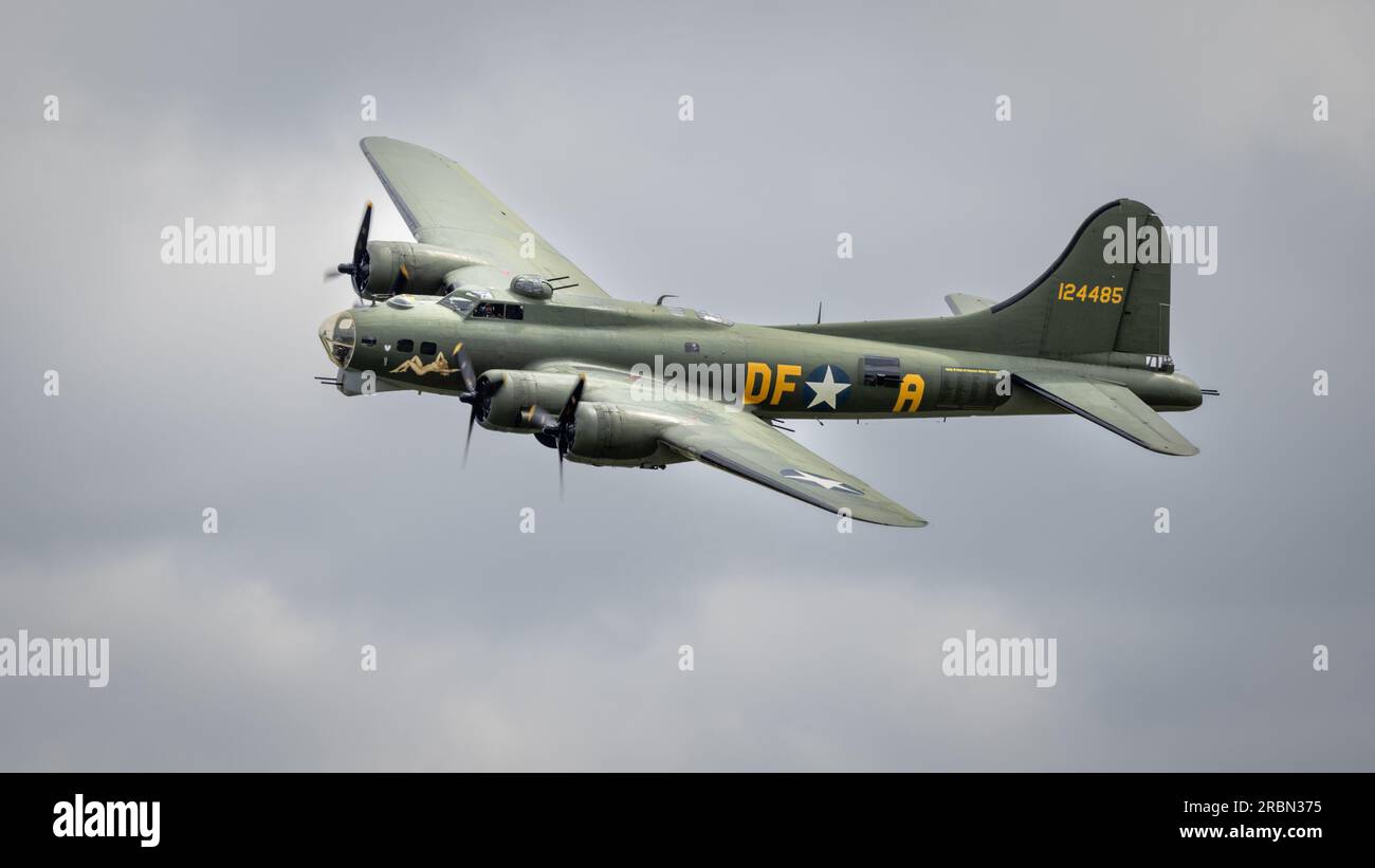 Boeing B-17G Flying Fortress ‘Sally B’ airborne at Shuttleworth Military Airshow on the 2nd July 2023. Stock Photo