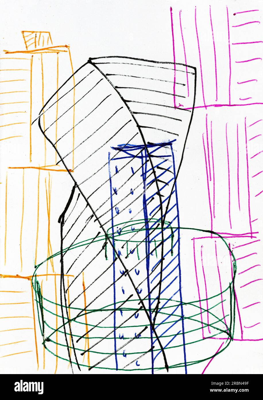 training hand drawn sketch of modern buildings on white paper by colour pens Stock Photo