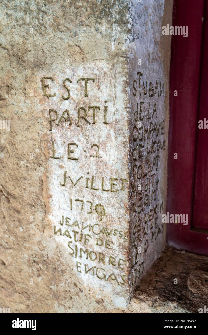 Inscription on barracks wall from 1739, Fort Liberia, a military installation designed by Sébastien Le Prestre de Vauban and built between 1681-1683 i Stock Photo