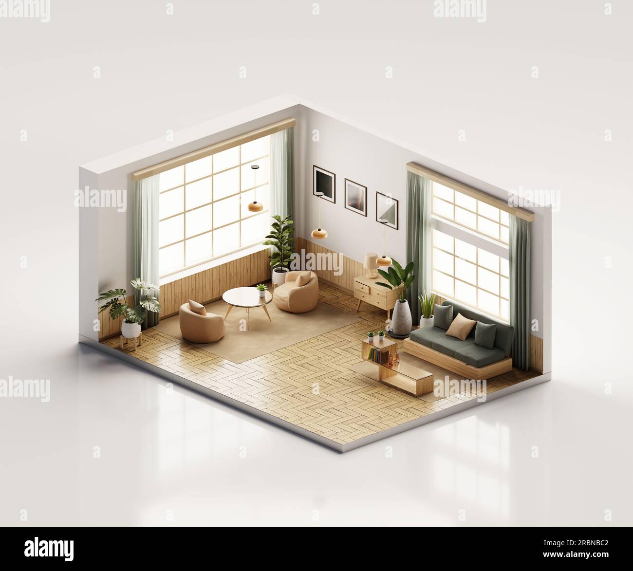 Isometric view living room muji style open inside interior architecture ...