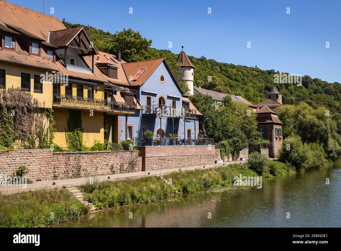 Houses along the Tauber River, Wertheim, Franconia, Baden-Wuerttemberg, Germany, Europe Stock Photo
