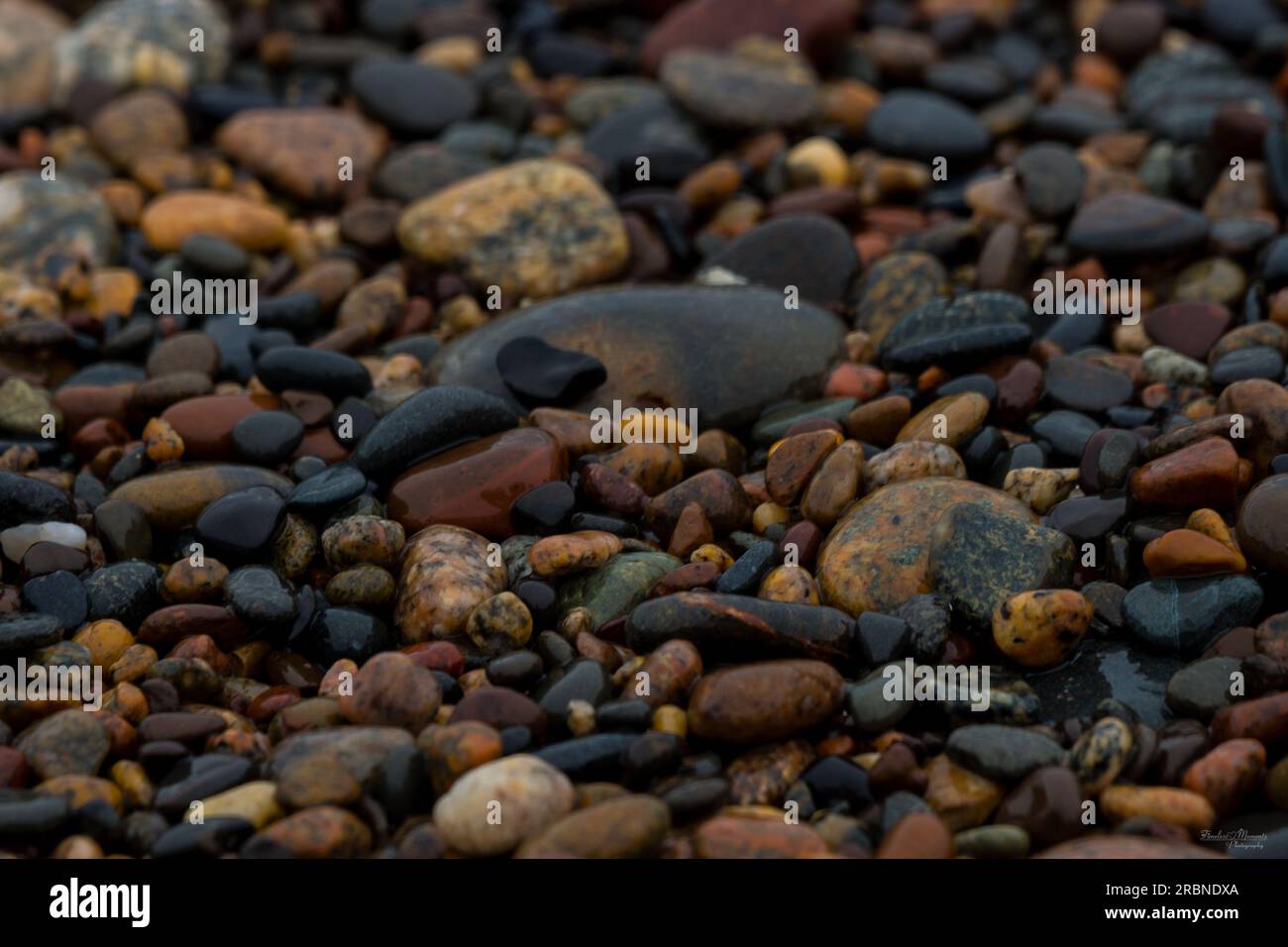 An abstract of some wet pebbles along the Whitefish Point Bay shoreline in the Michigan, United States. Stock Photo