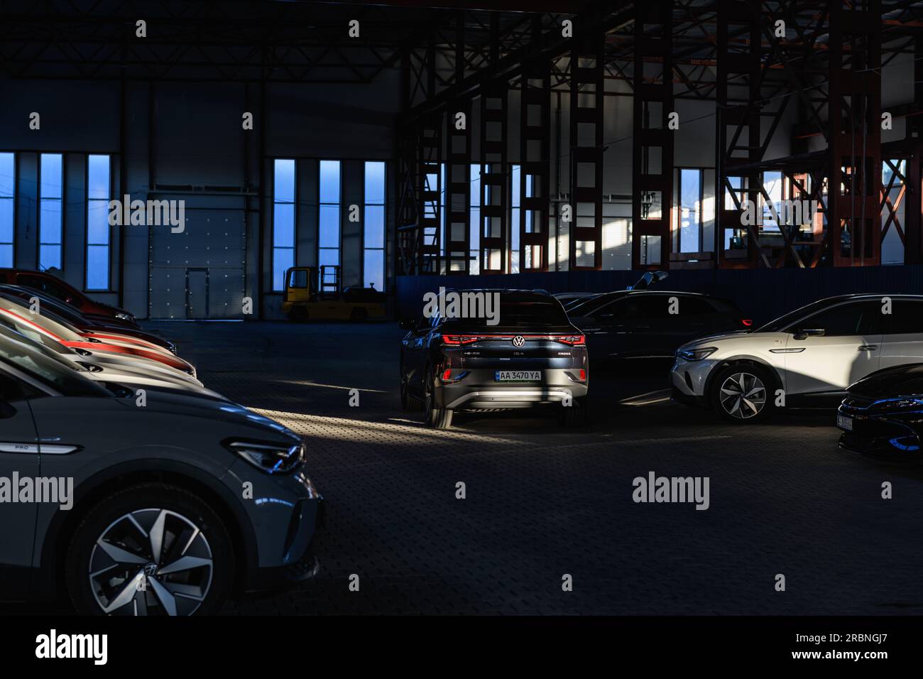 Kyiv, Ukraine October 7, 2022 Car dealership, dark hangar with