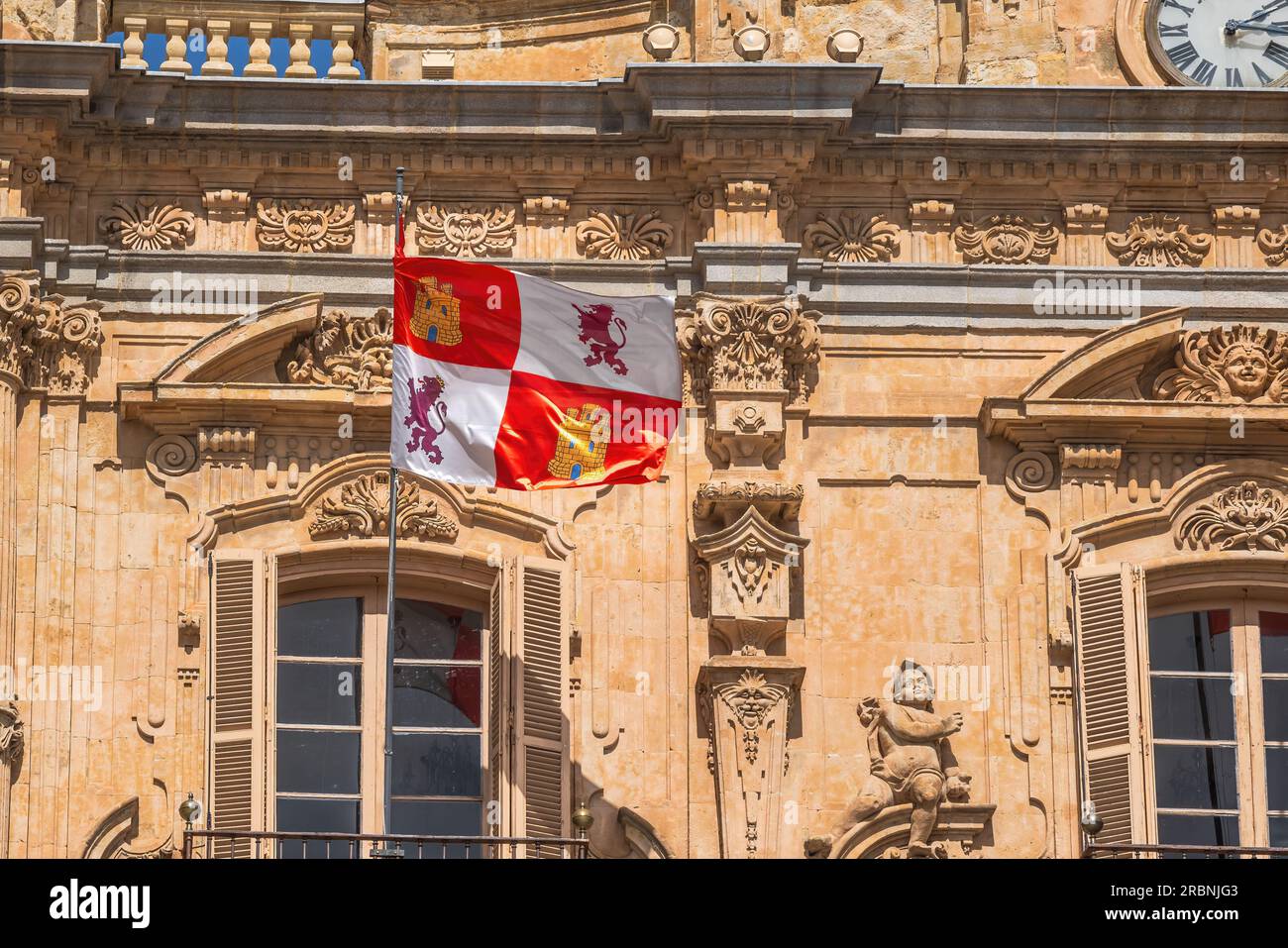 Castile and Leon Flag at Plaza Mayor Square Facade - Salamanca, Spain Stock Photo