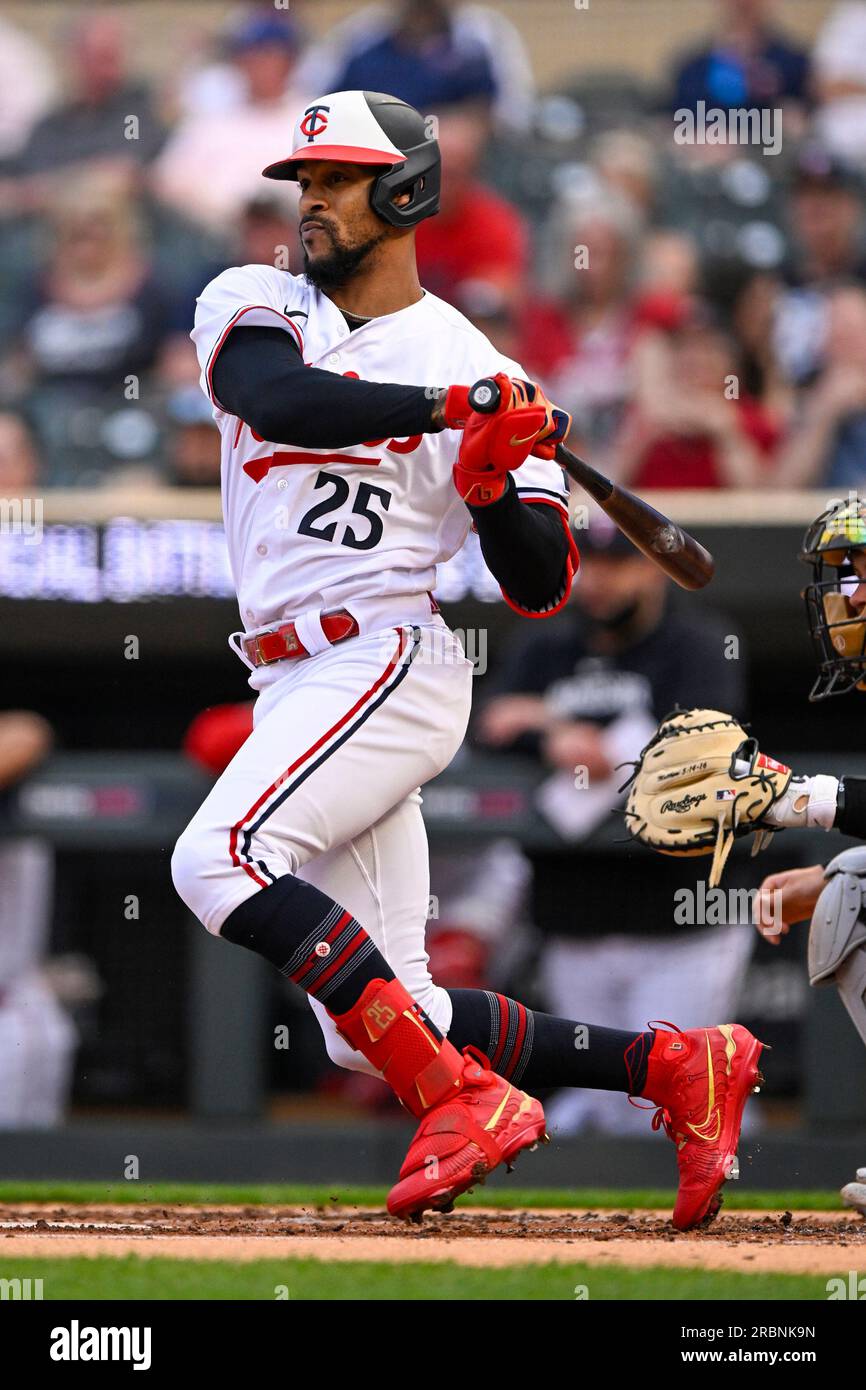 minneapolis mn may 22 minnesota twins designated hitter byron buxton 25 makes contact during a mlb game between the minnesota twins and san francisco giants on may 22 2023 at target field in minneapolis mnphoto by nick wosikaicon sportswire icon sportswire via ap images 2RBNK9N
